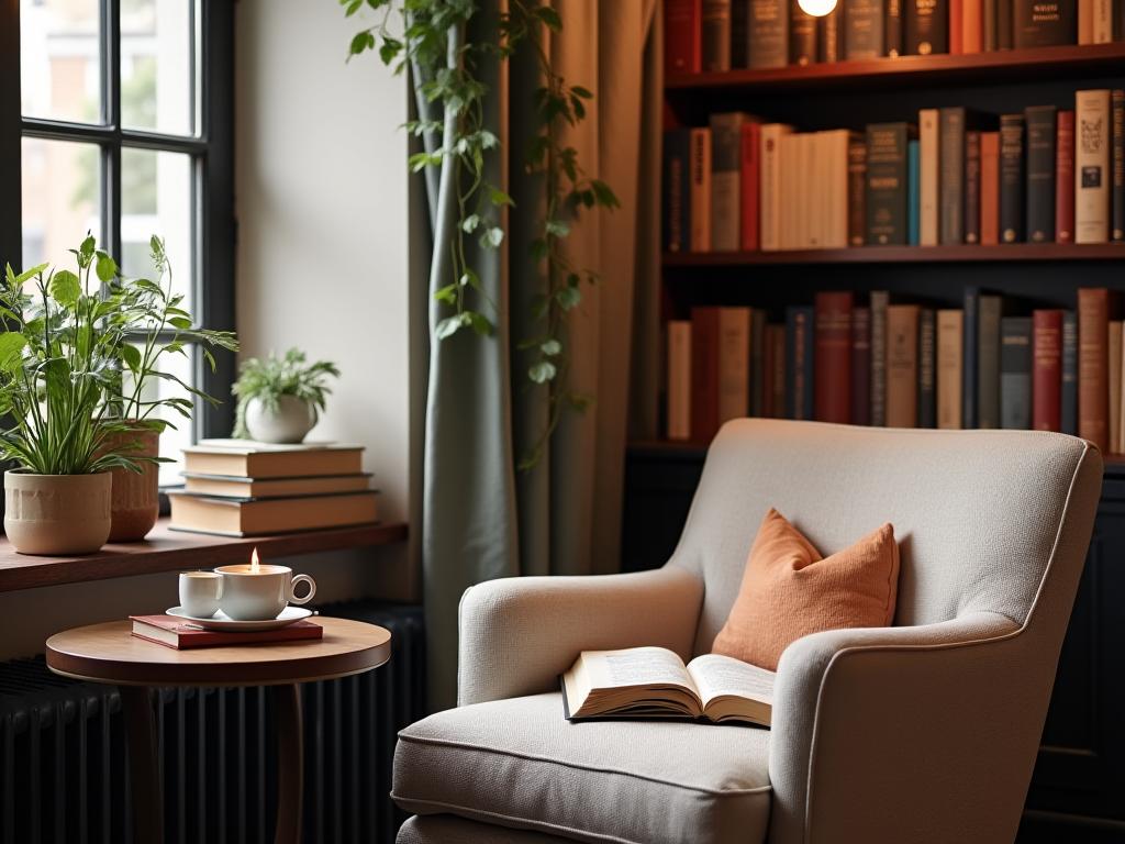 Cozy reading nook in The Curious Tome café area