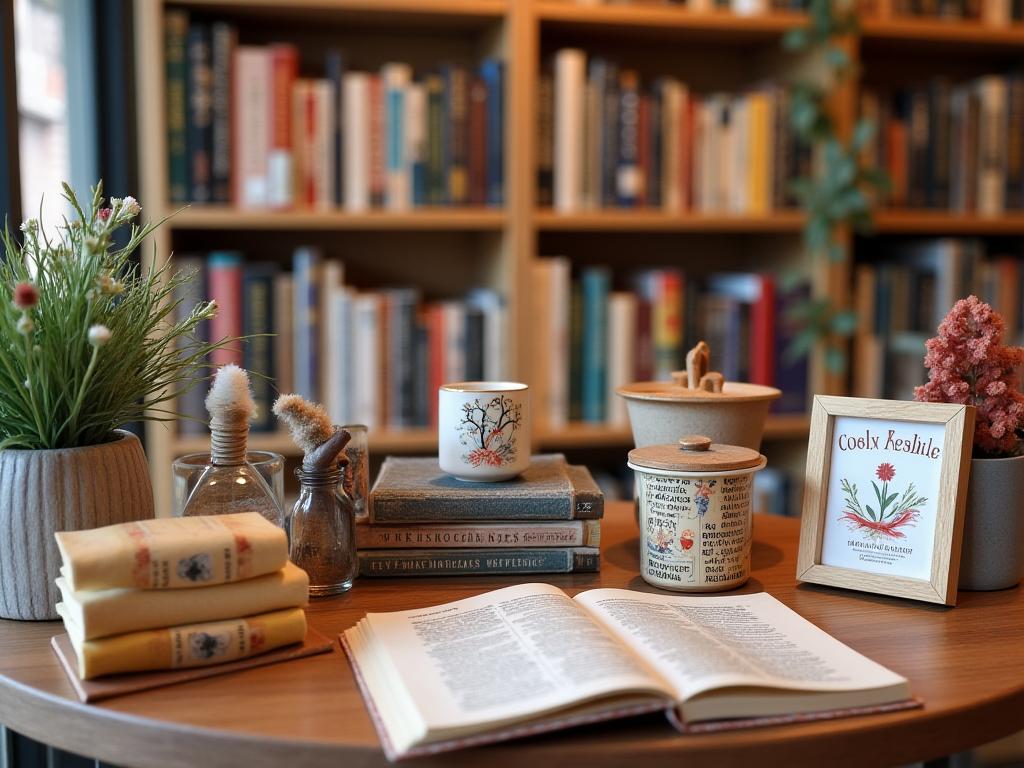 Local artisan gifts and literary merchandise display